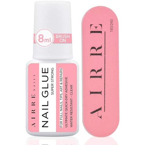 AIRRE Extra Strong Brush-On Nail Glue for Acrylic Nails, Nail Tips & Press-On Nails (8ml) with File for Glue-On Fake Nails, Fix Broken Nail Repair. Acrylic Nail Glue Nail Bond Nail Glue Gel