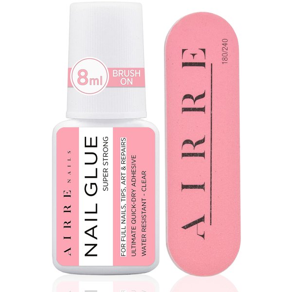 AIRRE Extra Strong Brush-On Nail Glue for Acrylic Nails, Nail Tips & Press-On Nails (8ml) with File for Glue-On Fake Nails, Fix Broken Nail Repair. Acrylic Nail Glue Nail Bond Nail Glue Gel