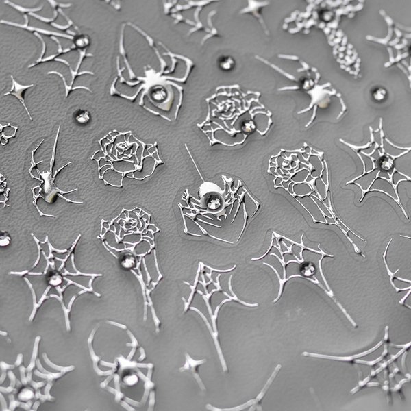 Halloween Nail Art Stickers Spider Web Spiders Nail Art Decals 5D Silver Crystal Diamond Nail Stickers Cross Rose Spider Web Nail Design Supplies Cute Nail Accessories for Acrylic Nails Decorations