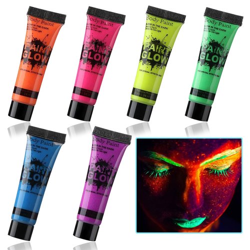 Glow in the Dark Face Body Paint Set,Set of 6 Blacklight Neon Colors Fluorescent Body Paint Set,Halloween Face Painting Kit for Festivals Parties Supplies Stage Events Cosplay Christmas