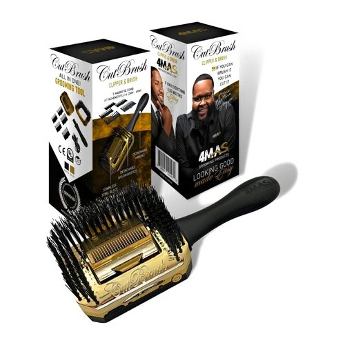 4MAS Self-Grooming Hair and Beard Cutting Hairbrush, (CutBrush Black and Gold Mod 3) 5 Comb Attachments and Charging Cable Included
