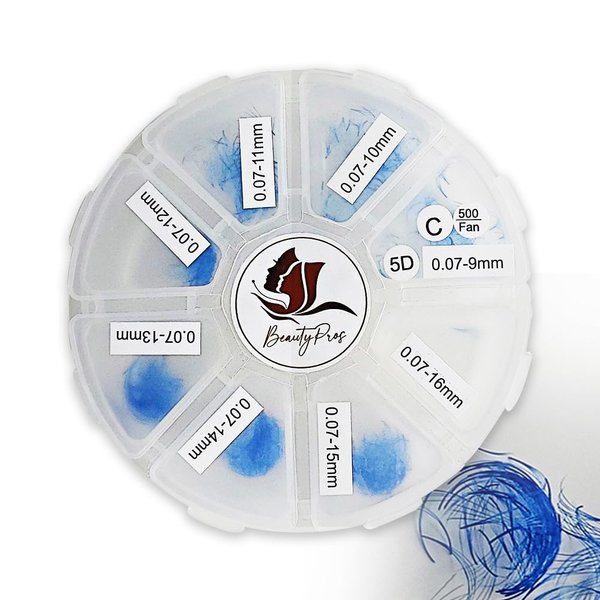 BeautyPros 5D Premade Volume Lash Extension Kit- 5D Mixed Tray 500 Premade Fans Eyelash Extensions - Premade Lash Fans Pointed Handmade Premade - Loose Fans Thin Base (5D-0.07 C-Curl 9-16mm Blue)