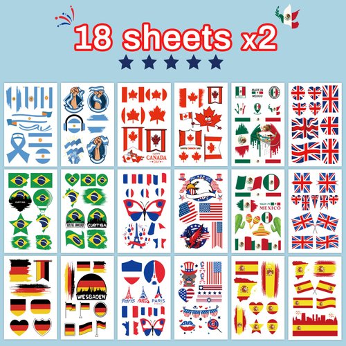 National Flag Temporary Tattoo For Adults And Kids, 36 Sheets World Cup Fake Tattoos, 9 Country National Flag Tattoo for Football Match Marathon Games Party