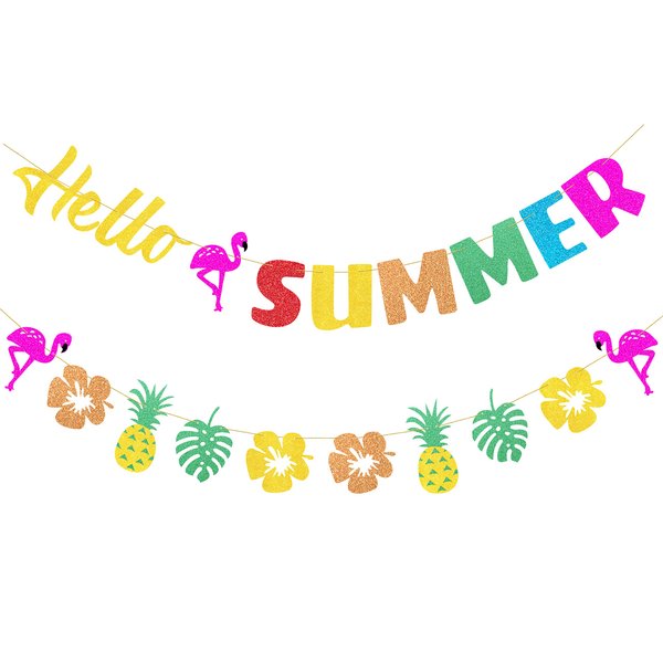 VILIFEVER Glitter Hello Summer Banner with Flamingo, Hello Summer Decorations for Home Office School Decor, Hawaiian Tropical Theme Holiday Birthday Party Supplies, Pre-Strung