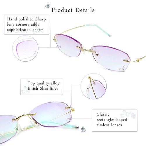 LifeArt Blue Light Blocking Glasses, Computer Reading Glasses, Anti Blue Rays, Reduce Eyestrain, Rimless Frame Tinted Lens with diamond, Stylish for Women (+1.00 Magnification)