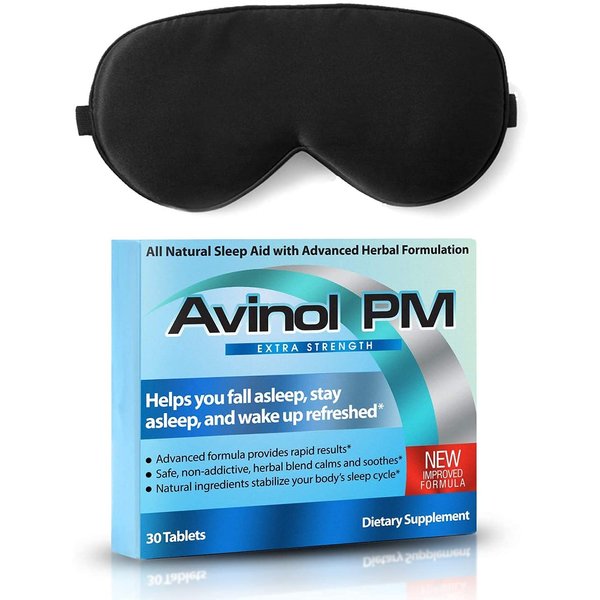 Avinol PM Extra Strength and Dream Elements Sleep Mask | All-in-One Natural Sleep Aid (30 ct) - 100% Pure Mulberry Silk Eye Mask (with Foam Ear Plugs & Anti Snoring Nose Clip) (2 Items)