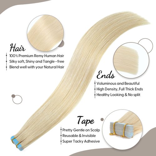 Jerriess Tape in Hair Extensions Human Hair, Professional Grade Remy Human Hair Tape in Extensions, Silky Texture, Full Thick Ends &Dyeing Friendly, 20pcs/40g Straight Platinum Blonde, 14 inch(#60)