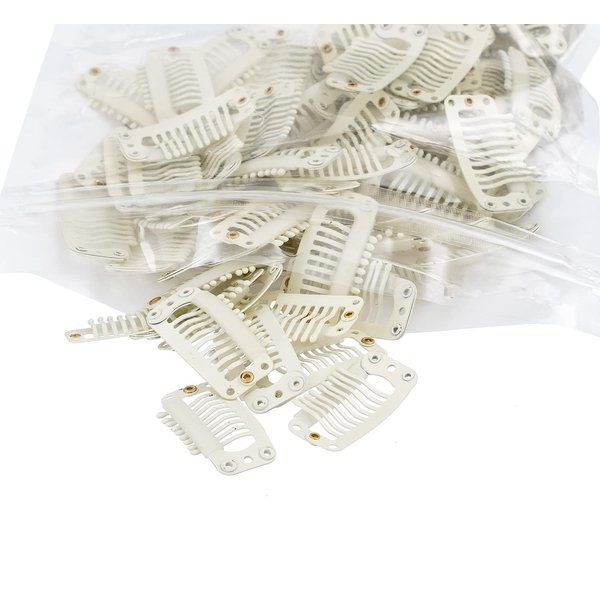 SWACC 100 Pcs U Shape Metailic Snap Clips ins for Hair Extension Hairpiece DIY Snap-Comb Wig Clips with Rubber (White Beige, 9-Teeth 6 Holes)
