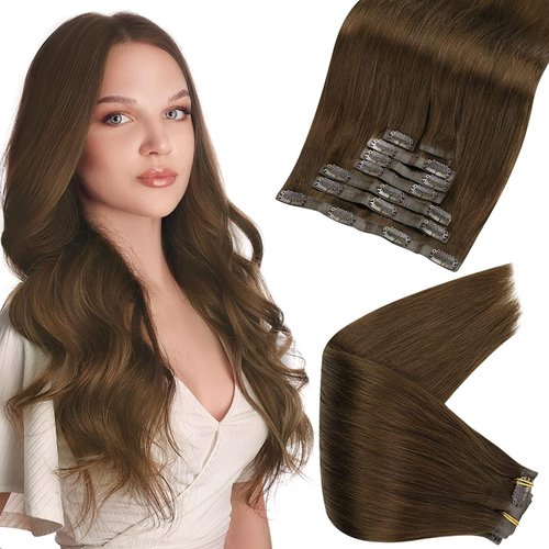 Full Shine Brown Clip in Human Hair Extensions Seamless Clip in Hair Extensions,Pu Weft Medium Brown Real Human Hair Clip in Extensions Straight Brazilian Hair 18 Inch 8 Pcs 120G