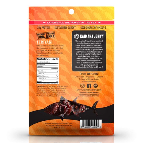 Kaimana Ahi Tuna Jerky Teriyaki 2 Ounce - Soft and Tasty - Premium Fish Jerky Made in the USA. High in Omega 3's, All Natural and Wild Caught