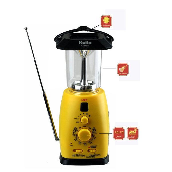 Kaito KA249W Multi-functional Solar/Wind-up LED Camping Lantern with AM/FM NOAA Weather Radio & Cell Phone Charger, Color Yellow