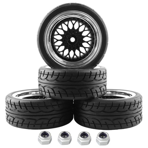 GDOOL 4PCS 12mm Hex Hub RC Cars Wheels and Tires,62mm On Road Touring Rubber Racing Rally Tires Set for 1:10 1:16 1:18 XV01 TT01 TT02B HSP 94122 94123 94103 3850 3851 FW06 16889 RC Cars(Black)