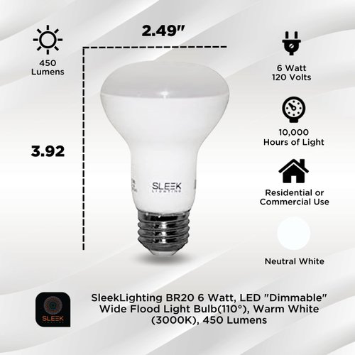 SLEEKLIGHTING BR20 6 Watt, LED Dimmable Wide Flood Light Bulb(110°), Warm White (3000K), 450 Lumens, E26 Medium Base, 45 Watt Equivalent, UL& Energy Star Approved (Pack of 6)
