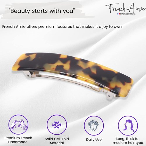 French Amie Oblong Handmade 3.5" Celluloid No Slip Hair Clip Barrette for Women, Made in France (Tokyo Shell)