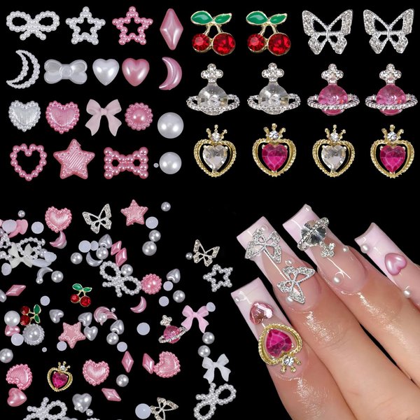 620Pcs 3D Pink White Alloy Pearl Nail Charms Silver Gold Butterfly Planet Heart Cherry Nail Rhinestones Gems Charms Bow Star Flatback Nail Pearls Charms for Manicure DIY Craft Jewel Accessories