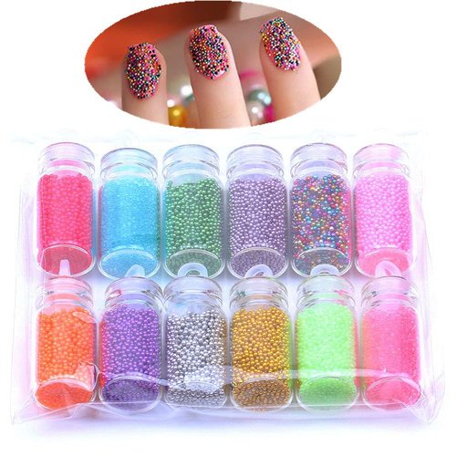 12 Vials Colorful 3D Nails Art Decoration Mini Micro Ball Beads Nail Caviar Beads Craft Micro Bead for Nail Art 3D Decorations DIY Manicure Tools