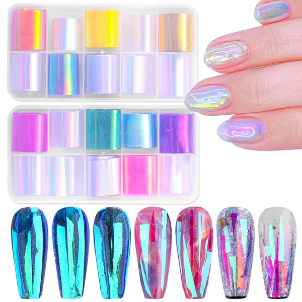 XEAOHESY 20 Rolls Gradient Aurora Glass Paper Nail Art Sticker 3D Holographic Aurora Glass Reflective Mirror Shard Effect Rainbow Thin Iridescent Cellophane Films Foil Nail Wraps for Women Nail Art