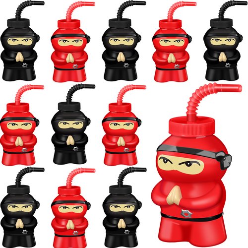 Layhit 12 Pcs Ninja Birthday Supplies Party Favor Cups Ninja Plastic Cup 10 oz Ninja Cup Reusable Cup Bulk for Ninja Party Favor(Red, Black)