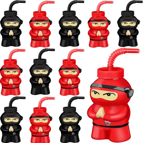 Layhit 12 Pcs Ninja Birthday Supplies Party Favor Cups Ninja Plastic Cup 10 oz Ninja Cup Reusable Cup Bulk for Ninja Party Favor(Red, Black)