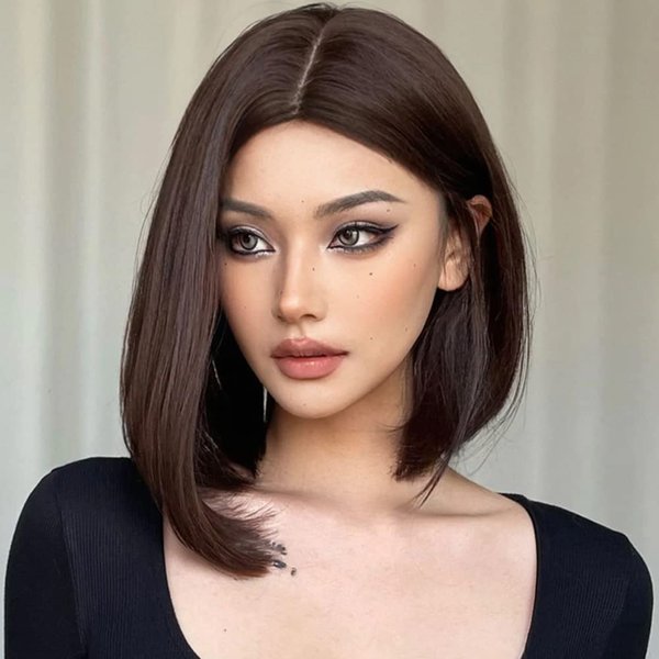 MIMAN 14 Inch Shoulder Length Dark Brown Straight Bob Wigs Synthetic Medium Length Bob Hair Wig Halloween Costume Wigs for Women