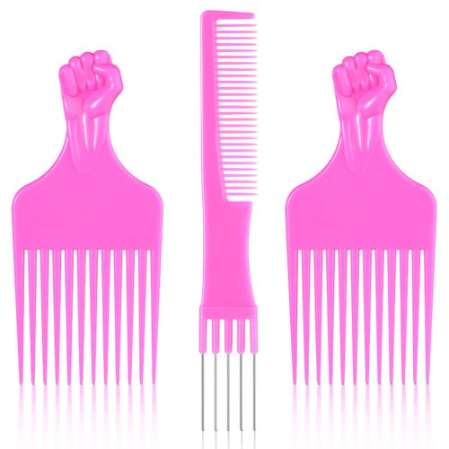 3 Pieces Metal Hair Pick Lift Hair Pick Salon Teasing Back Combs Pink or Black Carbon Comb with Stainless Steel Lift Teasing Combs with Metal Prong Combs for Women (Pink)