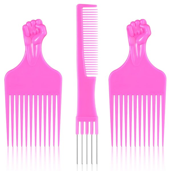 3 Pieces Metal Hair Pick Lift Hair Pick Salon Teasing Back Combs Pink or Black Carbon Comb with Stainless Steel Lift Teasing Combs with Metal Prong Combs for Women (Pink)