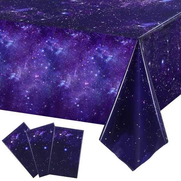 Space Party Tablecloth Purple Nebula Galaxy Plastic Table Cover Space Star Tablecloth Disposable Starry Night Sky Table Cover for Birthday Home Decorations and Supplies, 54 X 108 Inch (3 Pack)
