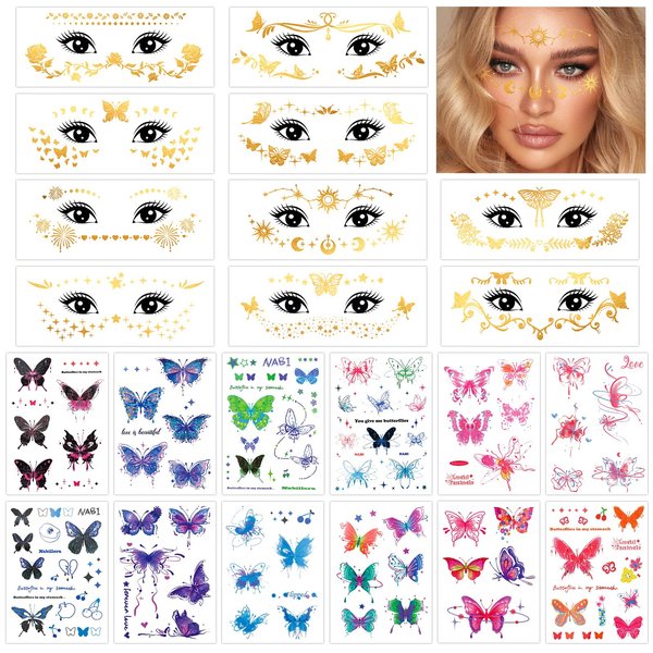 Konsait 22 Sheets Temporary Face Tattoos, Gold Tattoos Butterfly Temporary Tattoos Adult Women Fake Face Tattoos for Women Girls for Halloween Body Festival Makeup Rave Accessories