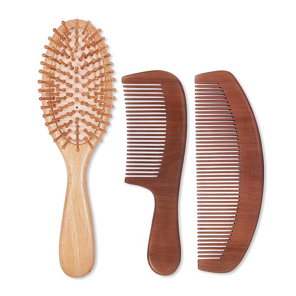 Natural Wood Hair Brush with Wooden Bristles Massage Scalp Comb and Peach Wood Beard Comb for Men and Women 3 pcs