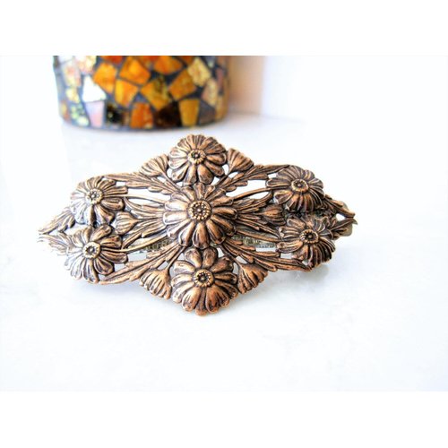 Copper plated brass or silver metal flower filigree hair clip barrette (Primary color: Copper)