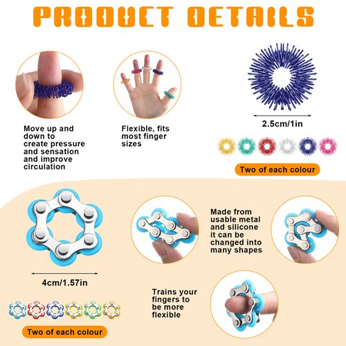 Jexine 48 Pcs Fidget Toys Stress Relief Sensory Toys, Include Sensory Rings Finger Fidget Ring Roller Chain 6 Wheeled Bike Chain Fidget and Soothing Marble Fidget Toy for Adult Teen Adhd Autism