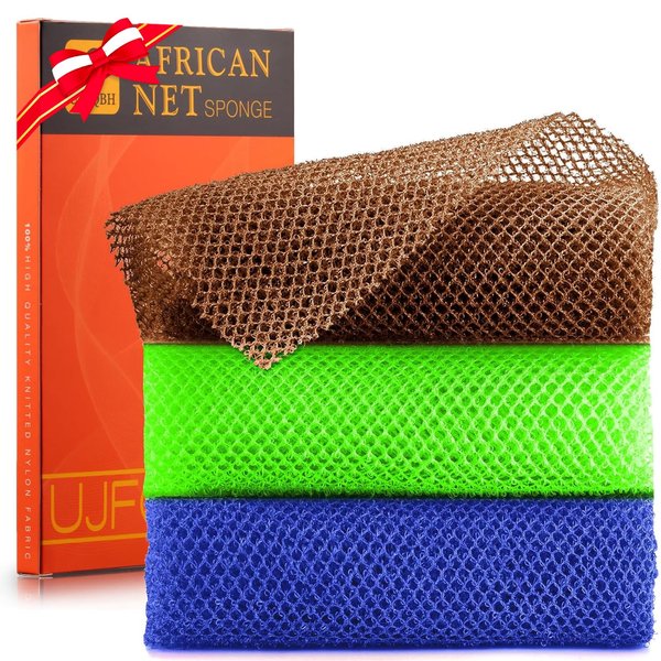 3 Pieces African Bath Sponge African Net Long Net Bath Sponge Exfoliating Shower Body Scrubber Back Scrubber Skin Smoother,Great for Daily Use (Brown、Blue、Green)