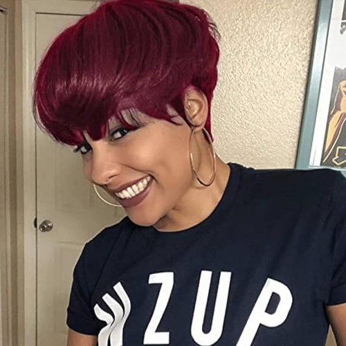 Rebecca Fashion 99J Burgundy Pixie Cut Wigs for Black Women Short Straight Human Hair Wigs 100% Brazilian Remy Hair