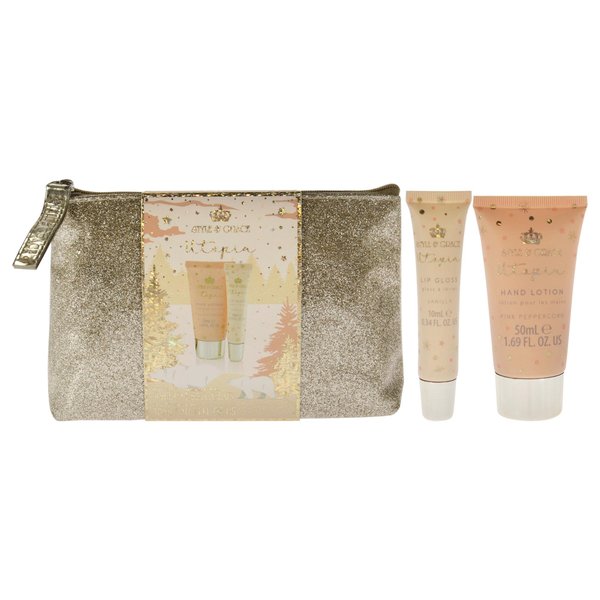 Style and Grace Utopia Glitter Bag Set for Women - 3 Pc 1.7oz Hand Lotion, 0.34oz Lip Gloss, Sequin Bag