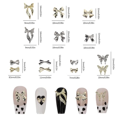70Pcs Bow Nail Charms Gems,Silver Gold Nail Art Charms Bows for Nails Design,3D Metal Alloy Bowknots Butterfly Charms Stones, Small Nail Jewels Jewelry Nail Decorations Stuff Supplies Assorted Bulk