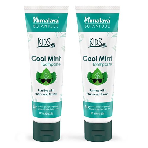 Himalaya Botanique Kids Toothpaste, Herbal, Cool Mint Flavor, Fights Plaque, Fluoride Free, Gentle, No Artificial Flavors or Colors, SLS Free, Gluten Free, Cruelty Free, Vegan, Foaming, 4 Oz, 2 Pack