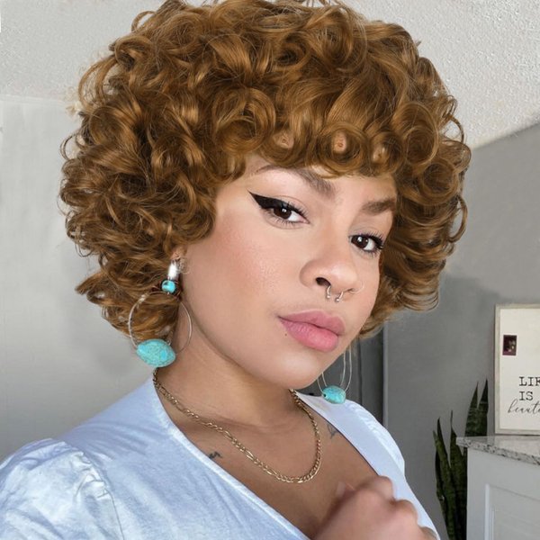 Fancy Hair Short Rose Curl Human Hair Wigs Big Curly Bob With Bangs No Lace Front Human Hair Wig for Black Women Daily Use (99J)
