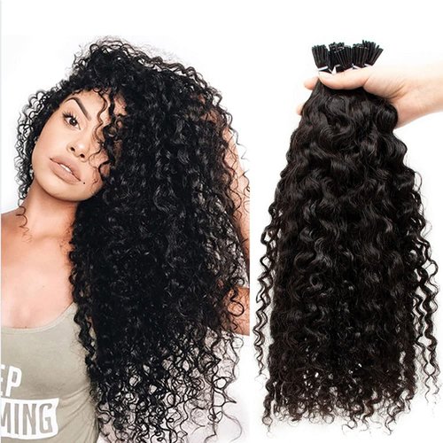 3C Curly I Tip Hair Extensions Human Hair,18Inch #1B Natural Black I tip Human Hair Extensions I Tip Cold Fusion Stick In Remy Keratin Jerry Curly Itip Hair Extension 100g