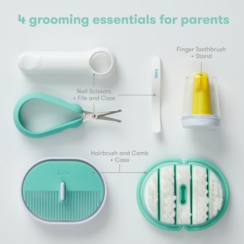Frida Baby Grooming Kit | Baby Essentials Gift Set Includes Finger Brush with Storage Stand, Hair Brush with Case, Styling Hair Comb, Easy Grip Nail Scissors with Nail File and Case