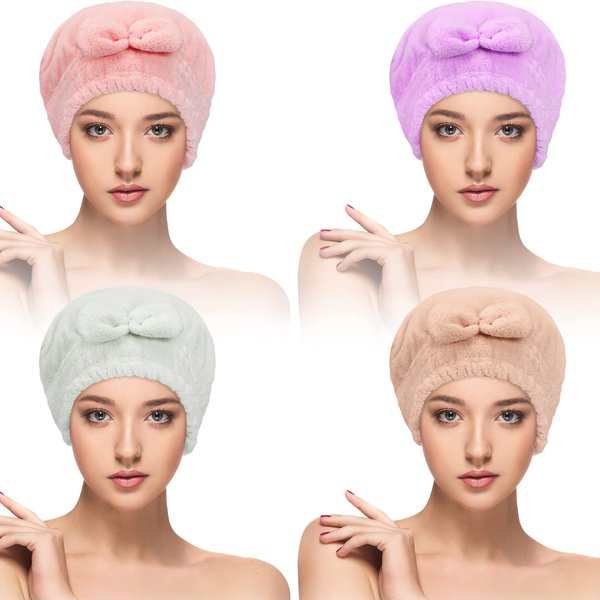 4 Pcs Microfiber Hair Drying Towels Fast Drying Shower Cap Ultra Absorbent Hair Turban Head Wrap with Bow Knot Plopping Towel for Women for Curly Long Thick Wet Hair