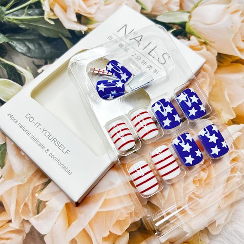 4th of July Press on Nails Short Square Fake Nails Red Stripe Designs Acrylic Nails False Nails Independence Day Full Cover Red Blue White Stick on Nails for Women Patriotic Nail Decor 24Pcs