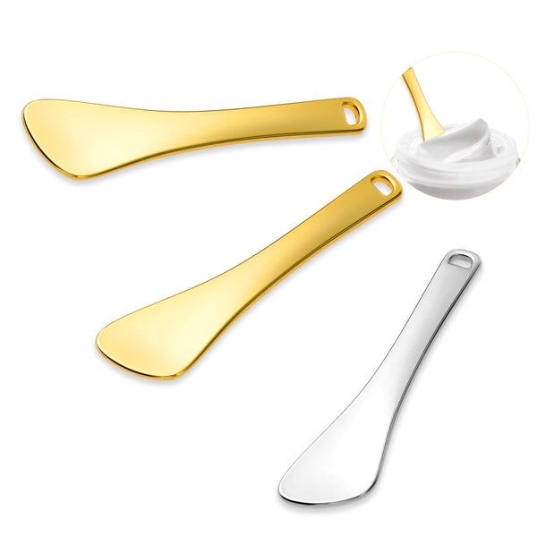 Gjinxi Metal Makeup Spatula 3 Pcs Mini Spoon Beauty Scoop Mask Shovel Applicator Skin Treatments Tools Reusable Tiny Shovel Gold Color Silver Spoon Fit Facial Cosmetic, Eye Cream, Body Care(Spatula)