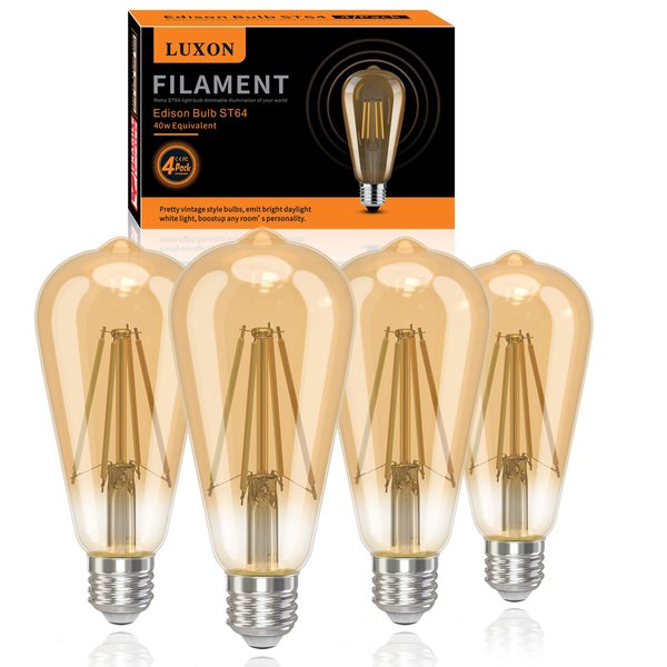 LUXON LED Edison Bulbs,Dimmable,4Watt(Equivalent 40W),4000K Daylight White (Amber Glass),ST64 Antique Vintage Style Filament Edison Light Bulbs,E26 Base,CRI 90+,Pack of 4