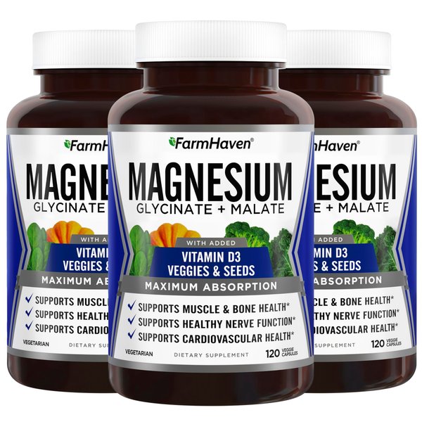 FarmHaven Magnesium Glycinate & Malate Complex w/ Vitamin D3, 100% Chelated for Max Absorption, Vegan – Bone Health, Nerves, Muscles, 360 Capsules, 180 Days