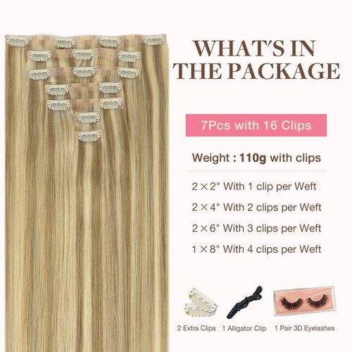 GOO GOO Clip in Hair Extensions Real Human Hair, 16inch 110g 7Pcs, 16/22 Light Blonde Highlighted Golden Blonde, Remy Human Hair Extensions Clip ins for Women, Natural Human Hair