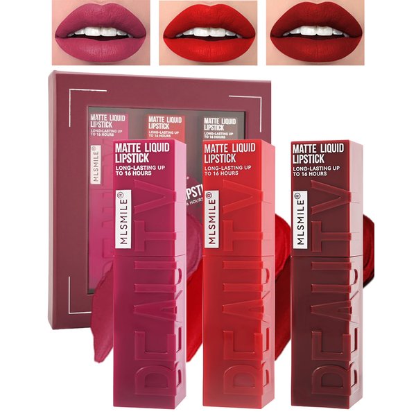 LYSdefeu Matte Liquid Lipstick Set-3Pcs High Pigmented Lip Stain Tint, Matte Velvet Lip Gloss, Up to 16H Wear, Long Lasting Waterproof Non-Stick Cup Lip Blam, Women's Day Makeup Gift for Women-Set B