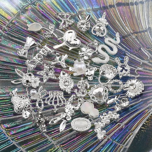 30pcs Luxury Zircon Nail Rhinestones Random Silver Nail Charms 3D Alloy Butterfly Nail Art Charms Metal Heart Bow Snake Rabbit Flower Charms for Nails Mix Styles Nail Jewels for Nail Art Accessories