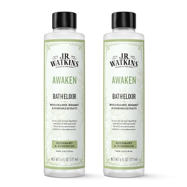 J.R. Watkins Awaken Bath Elixir, Liquid Bath Soak, Rosemary & Rosewood with Natural Extracts, No Salt, No Residue, 6 oz (Pack of 2)