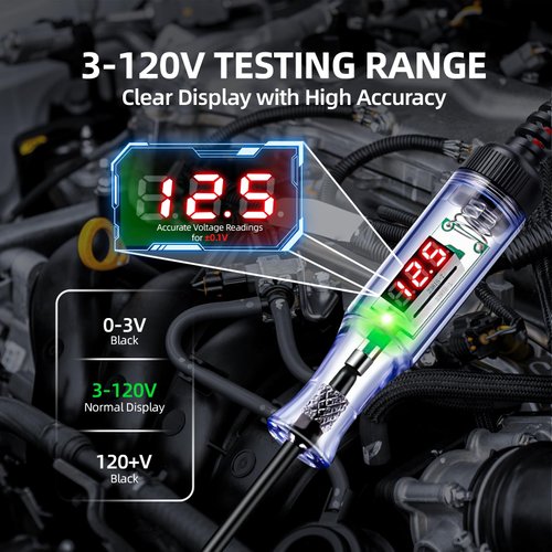 MXCOIRTP Automotive Test Light with 3-120V LED DC Digital Voltage Display, Circuit Tester Automotive with Dual Color Polarity Indicator, Electrical Test Pen with Sharp Hard Steel Probe for Car RV Fuse
