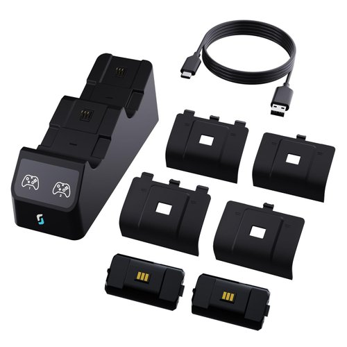 Sliq Gaming Pro MAX Xbox Controller Charger Station [2023 Upgraded] 2x2400mAh (3500mwh) Rechargeable Batteries for Xbox Series/One-X/S/Elite - Charging Station with Four Battery Covers & USB-C Cable